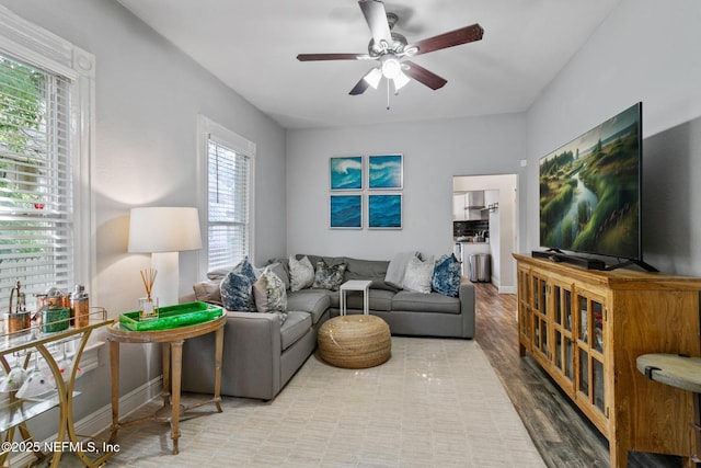 living room featuring ceiling fan and light wood-type flooring