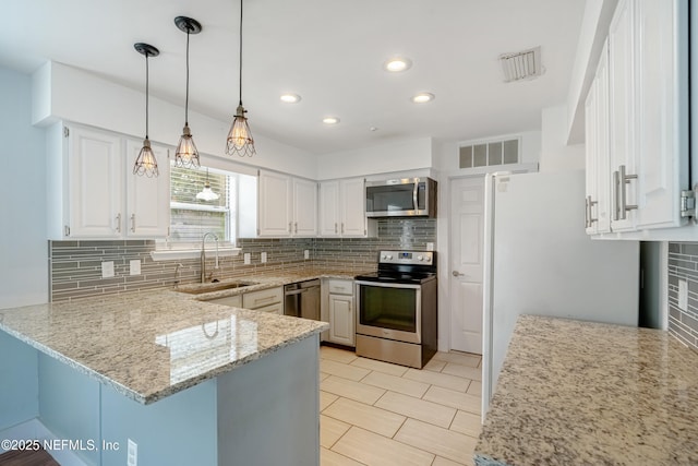 kitchen with sink, tasteful backsplash, kitchen peninsula, stainless steel appliances, and white cabinets