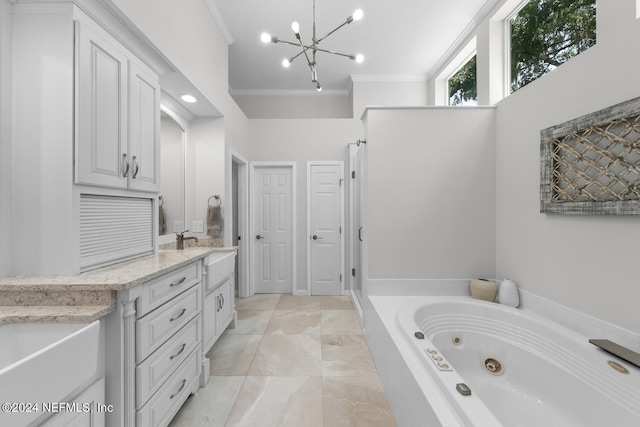 bathroom featuring vanity, an inviting chandelier, ornamental molding, and plus walk in shower