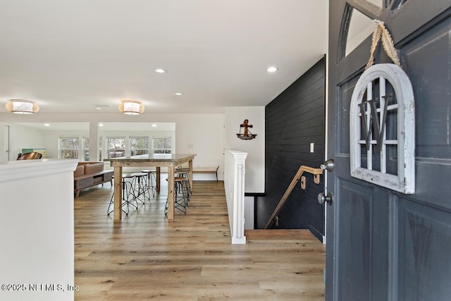 dining space with light wood-type flooring