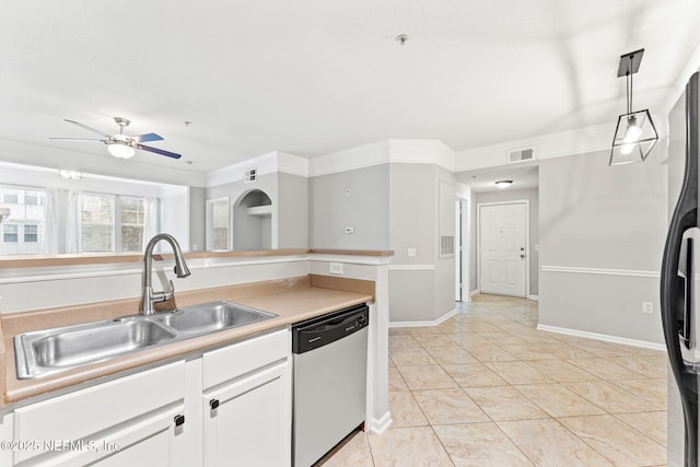 8550 Touchton Rd Unit 127, Jacksonville, FL 32216 - kitchen featuring dishwasher, a ceiling fan, white cabinetry, fridge with ice dispenser, and light countertops