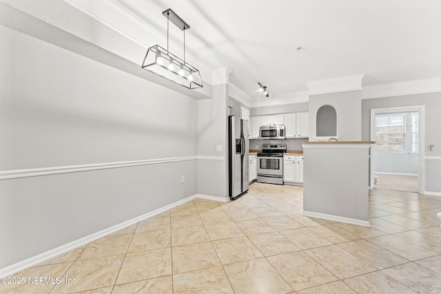 8550 Touchton Rd Unit 127, Jacksonville, FL 32216 - kitchen with ornamental molding, stainless steel appliances, white cabinetry, pendant lighting, and light countertops