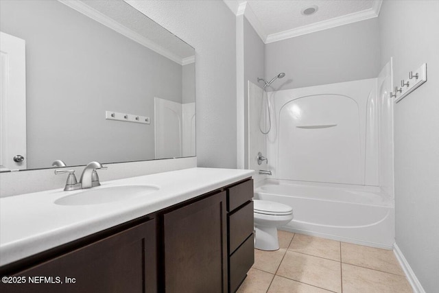 full bathroom featuring vanity, tile patterned floors, crown molding, a textured ceiling, and shower / bathtub combination