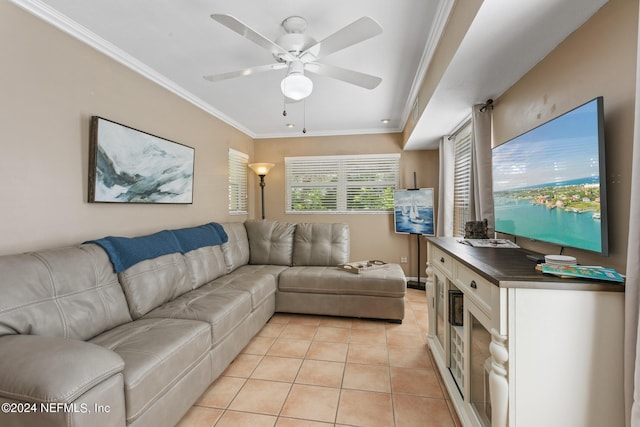 14 Ballard Ave, Saint Augustine, FL 32084 - living room with light tile patterned flooring, crown molding, and ceiling fan