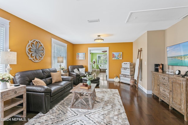 14 Ballard Ave, Saint Augustine, FL 32084 - living room with attic access and dark wood-style floors