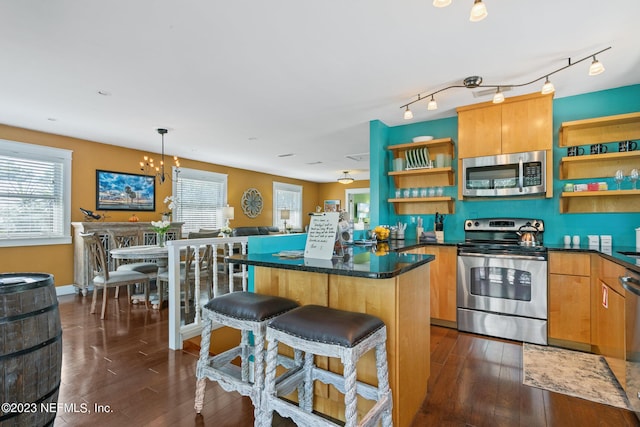 14 Ballard Ave, Saint Augustine, FL 32084 - kitchen featuring appliances with stainless steel finishes, open shelves, dark wood-type flooring, and a kitchen bar