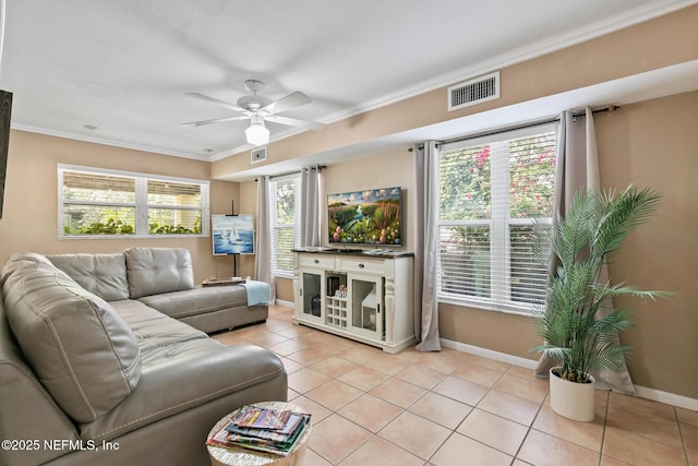 14 Ballard Ave, Saint Augustine, FL 32084 - living area with ornamental molding, light tile patterned floors, plenty of natural light, and a ceiling fan