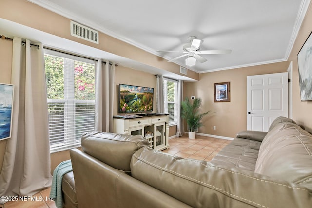 14 Ballard Ave, Saint Augustine, FL 32084 - living area with light tile patterned flooring, crown molding, and a ceiling fan