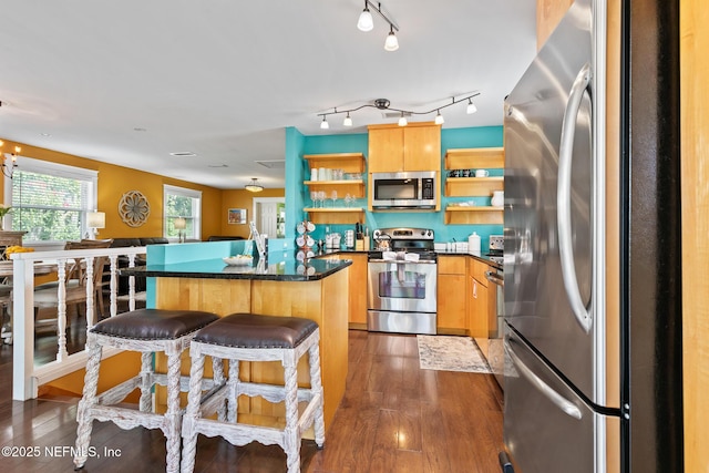 14 Ballard Ave, Saint Augustine, FL 32084 - kitchen with stainless steel appliances, open shelves, wood finished floors, and a center island