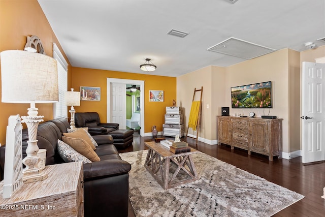 14 Ballard Ave, Saint Augustine, FL 32084 - living room with attic access and dark wood-style flooring