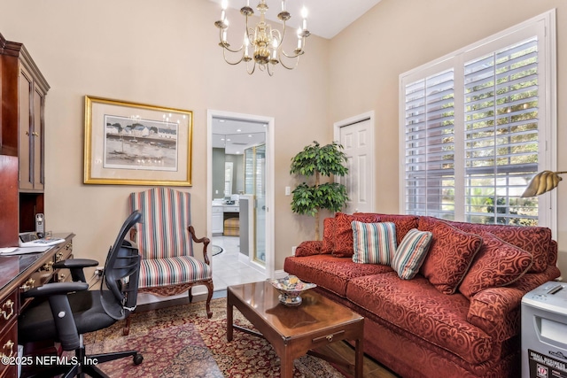 living room with a chandelier