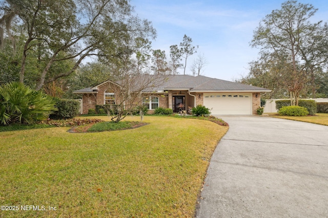 ranch-style home featuring a front lawn and a garage