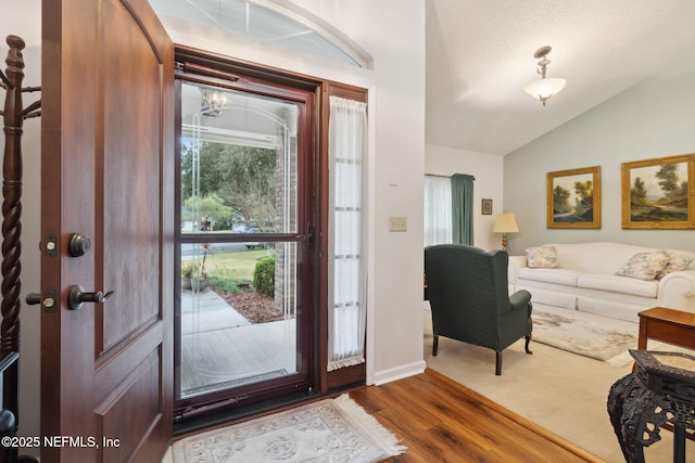 entrance foyer with lofted ceiling and hardwood / wood-style flooring