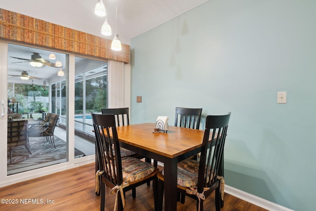 dining area featuring ceiling fan and hardwood / wood-style flooring