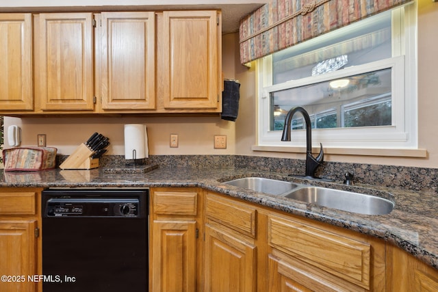 kitchen with sink, dishwasher, and dark stone countertops