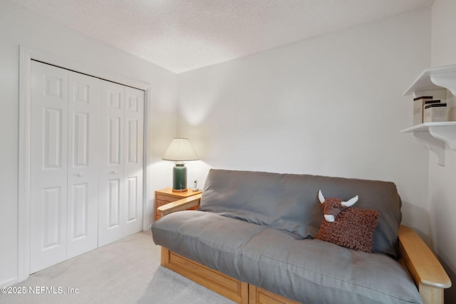 living room featuring light carpet and a textured ceiling