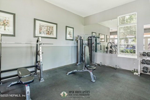 workout room featuring a wealth of natural light