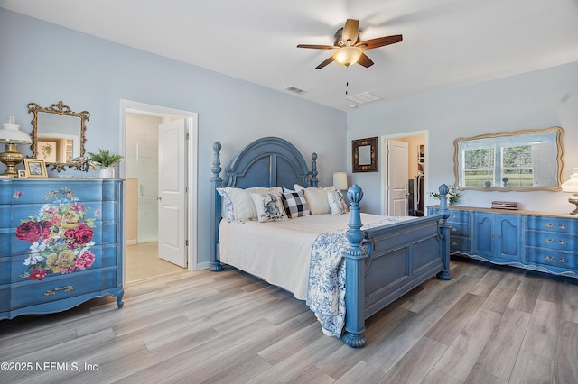 bedroom featuring a walk in closet, light wood-type flooring, and ceiling fan