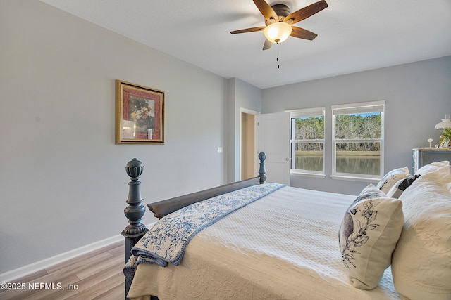 bedroom featuring ceiling fan and light wood-type flooring