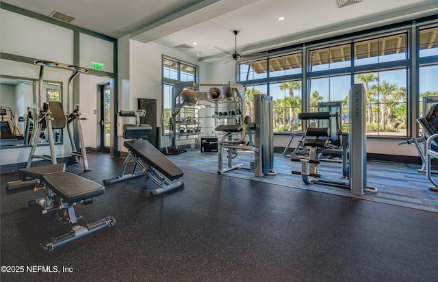 workout area featuring a high ceiling, ceiling fan, and a healthy amount of sunlight