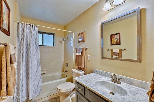 full bathroom with tile patterned flooring, vanity, toilet, and shower / bathtub combination with curtain