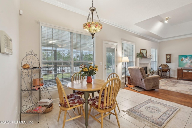 tiled dining room with crown molding and a wealth of natural light