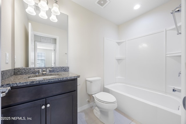 full bathroom featuring washtub / shower combination, tile patterned flooring, vanity, and toilet