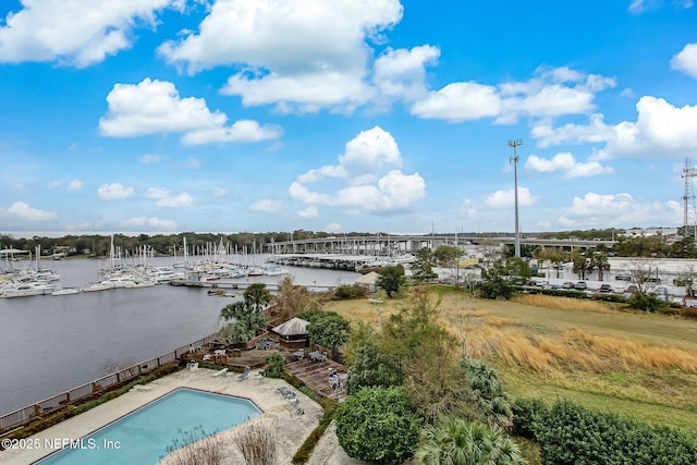 aerial view featuring a water view