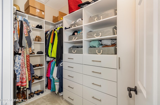 spacious closet featuring light colored carpet