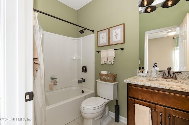 full bathroom featuring toilet, ceiling fan, tile patterned flooring, shower / bathtub combination with curtain, and vanity