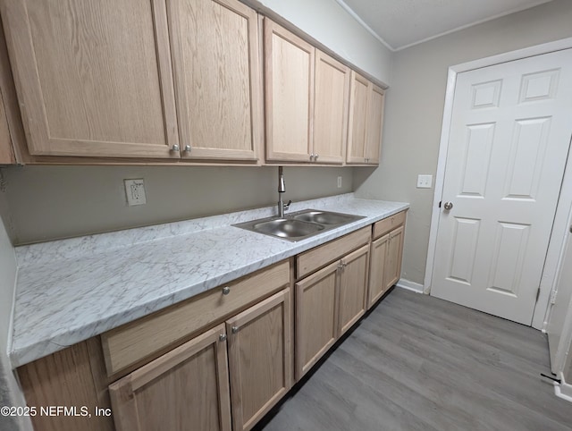 kitchen with light brown cabinets, light hardwood / wood-style floors, light stone counters, and sink