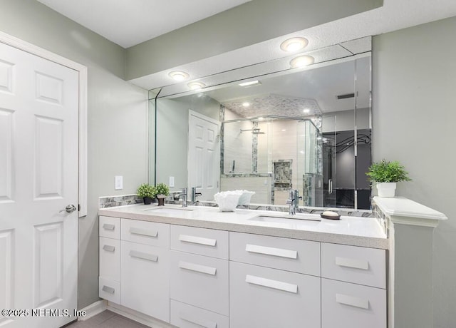 bathroom featuring vanity and a shower with shower door