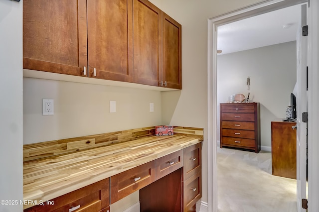 kitchen with carpet and wood counters