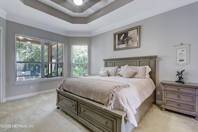 bedroom with light carpet, baseboards, and a raised ceiling