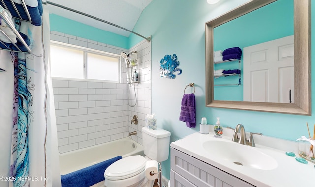 full bathroom featuring vanity, shower / bath combo, and toilet