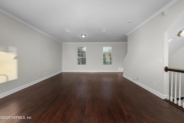 unfurnished living room with crown molding and dark wood-type flooring