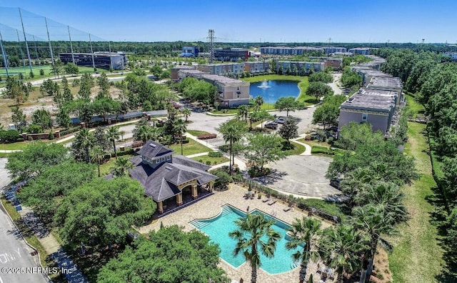 bird's eye view with a water view