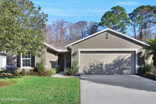 ranch-style home with a front yard and a garage