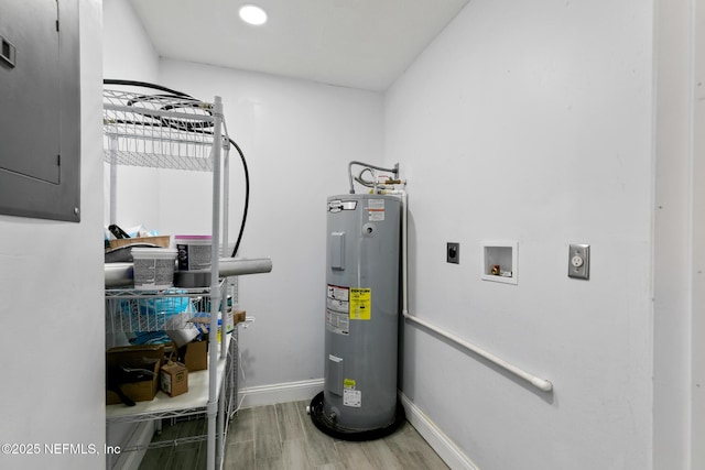 utility room featuring electric panel and water heater