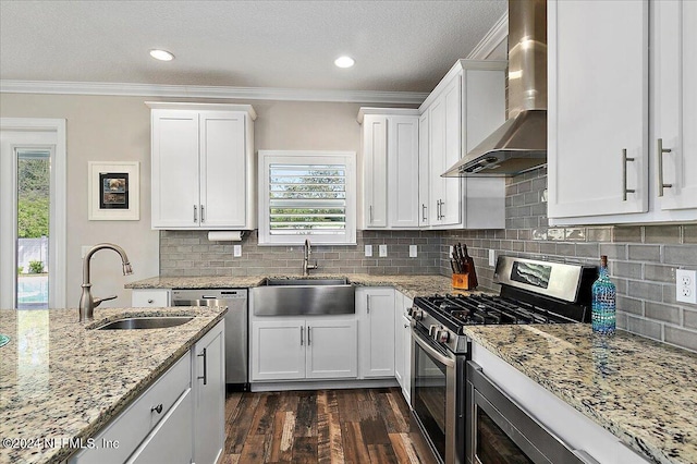 kitchen featuring white cabinets, sink, wall chimney exhaust hood, and stainless steel appliances