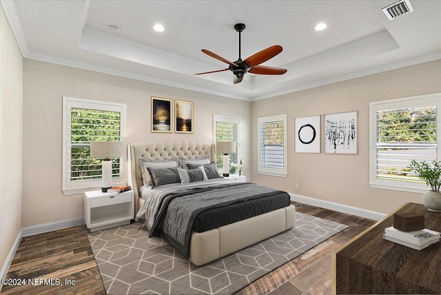 bedroom with a raised ceiling, ceiling fan, and ornamental molding