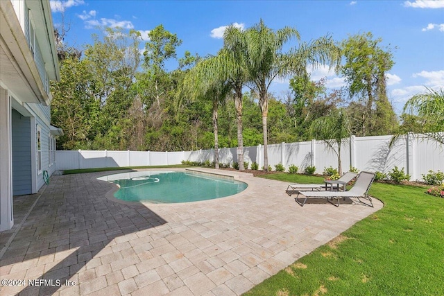 view of pool featuring a yard and a patio