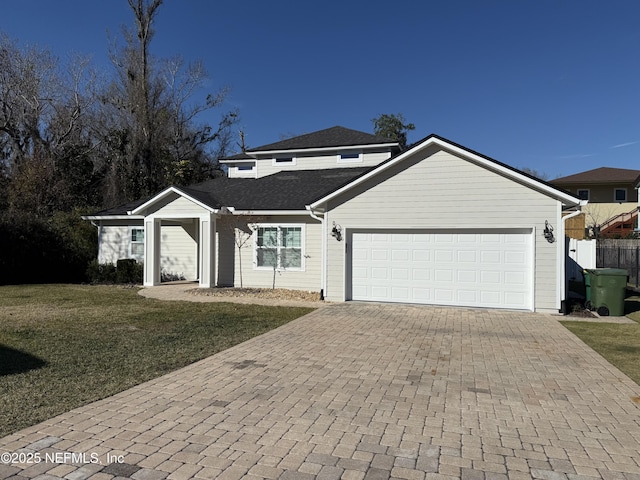 view of front of property with a front lawn and a garage