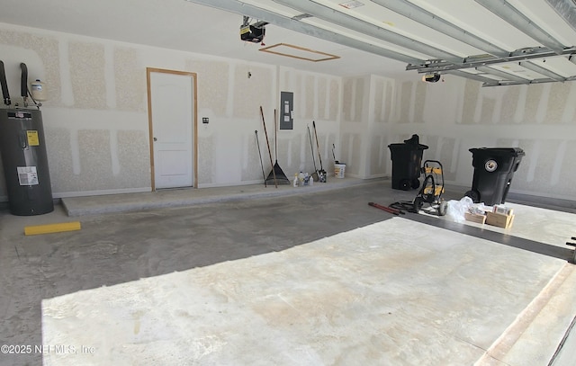 garage with electric panel, a garage door opener, and water heater