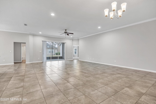 tiled empty room featuring ceiling fan with notable chandelier and crown molding