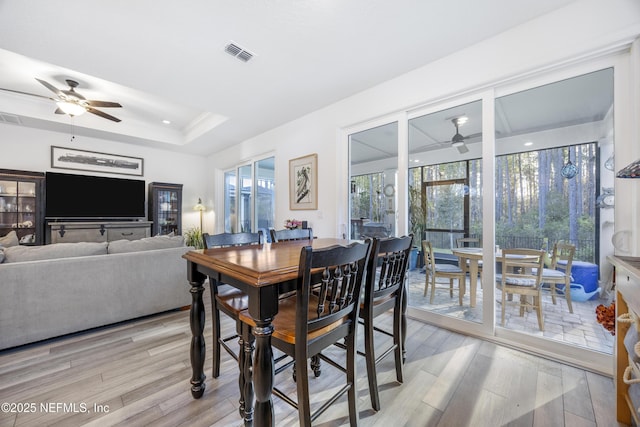 dining area featuring a tray ceiling, light hardwood / wood-style flooring, and ceiling fan