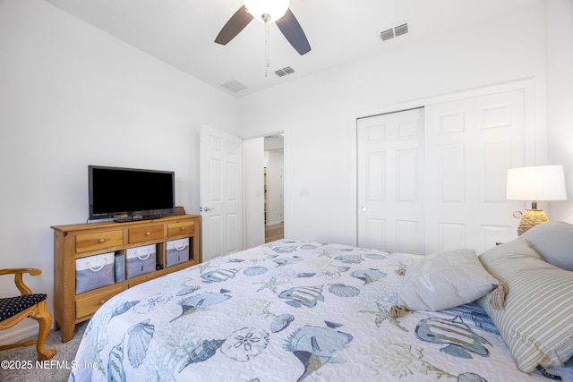 bedroom featuring carpet, a closet, and ceiling fan