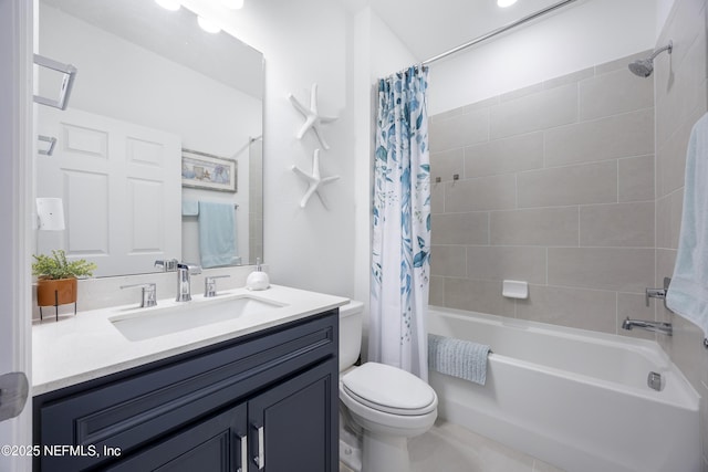 full bathroom featuring vanity, toilet, and shower / bathtub combination with curtain