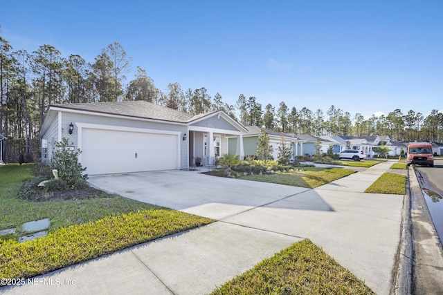 single story home with a front lawn and a garage