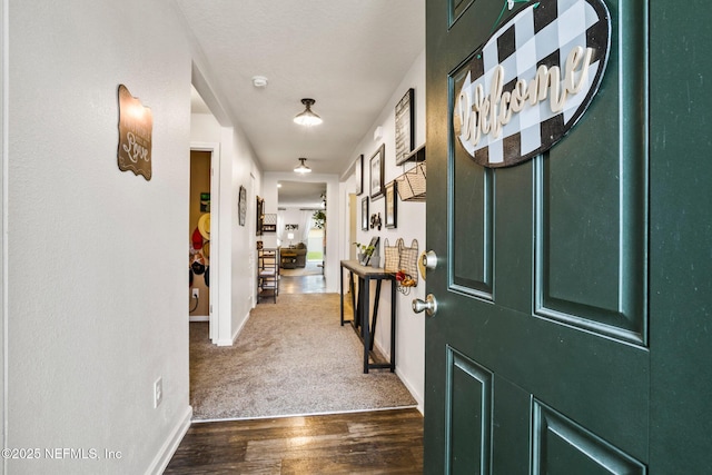 foyer featuring dark colored carpet